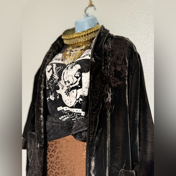 Anthro CAITE & KYLA mikala embroidered jacket pocket gray brown velvet Large - Picture 2 of 12